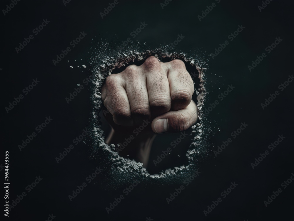Obraz premium Powerful Fist Breaking Through Wall in Dark Background Symbolizing Strength and Determination