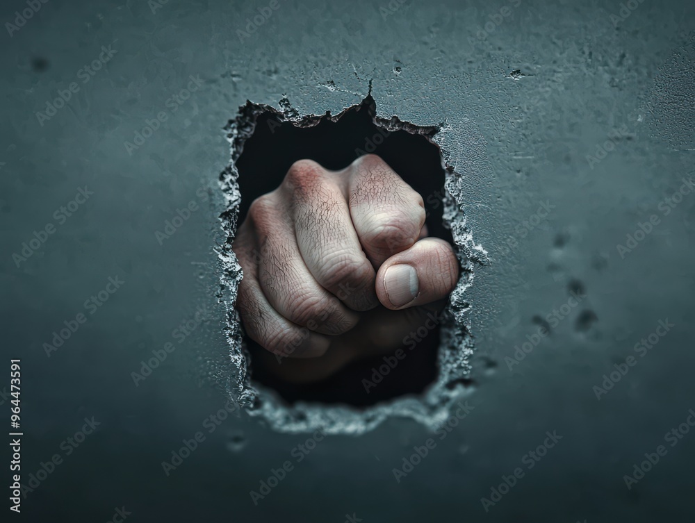 Obraz premium Fist Breaking Through Concrete Wall Symbolizing Strength, Determination, and Resilience