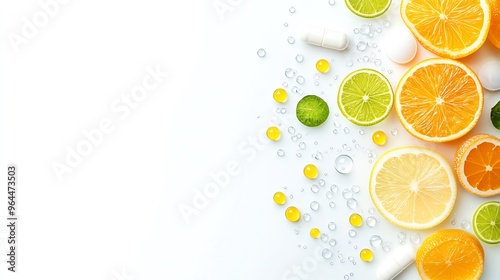 Citrus fruits and vitamin supplements on a white background.
