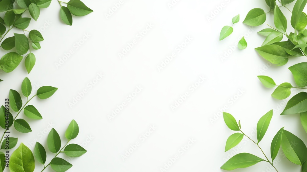 Green leaves arranged on a white background, creating a frame. Perfect for spring, nature, and botanical designs.