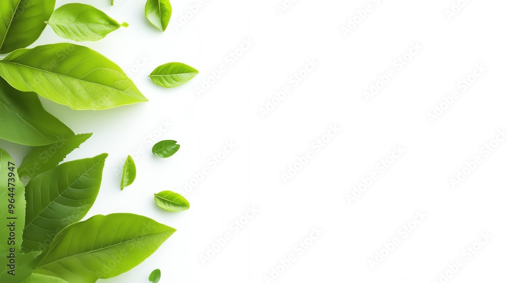 Green leaves border a white background, leaving space for text or design. Green leaves border a white background, leaving space for text or design.