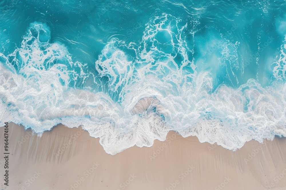 Aerial view of beautiful turquoise ocean waves on sandy beach Aerial view of beautiful turquoise ocean waves on sandy beach