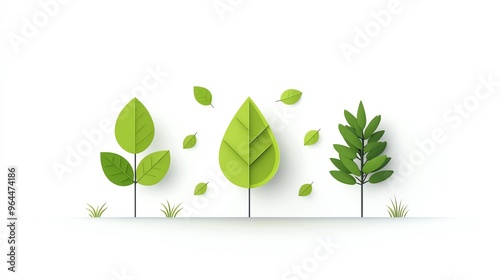 Three paper cut-out trees with green leaves on a white background. Leaves are falling from the center tree. Nature, growth, and spring.