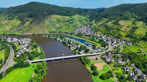 Aerial drone view of vineyard terraces. Mosel Valley wine region Germany. High quality 4k footage photo