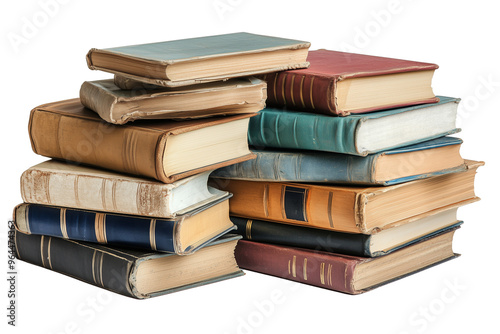 A large stack of vintage hardcover books with worn covers, various textures, and colors isolated on white background. 