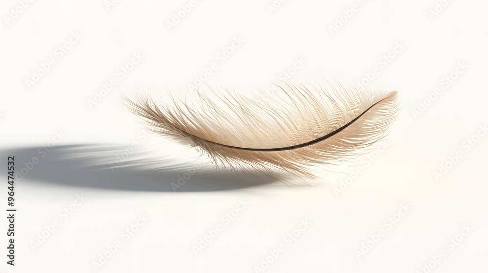 Obraz premium CG Floating Feather: A delicate, CG-rendered feather floating gracefully on a white background, casting a soft shadow. 
