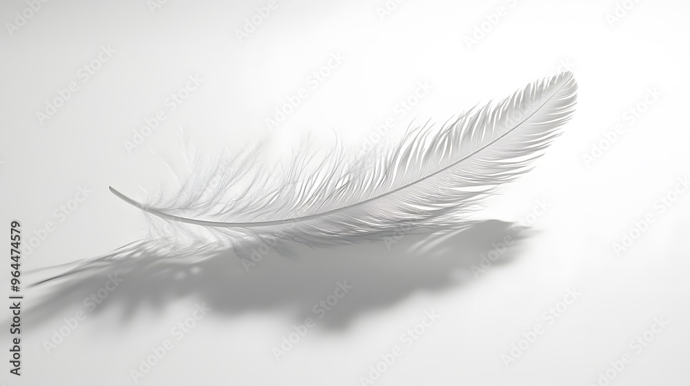 Obraz premium CG Floating Feather: A delicate, CG-rendered feather floating gracefully on a white background, casting a soft shadow. 