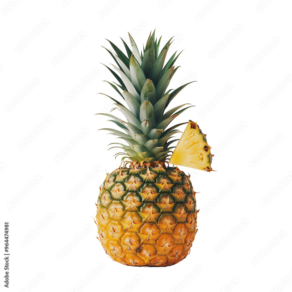 Fresh ripe pineapple with a single slice, isolated on a white background. Perfect for tropical-themed designs and healthy eating concepts. Fresh ripe pineapple with a single slice, isolated on a white background. Perfect for tropical-themed designs and healthy eating concepts.