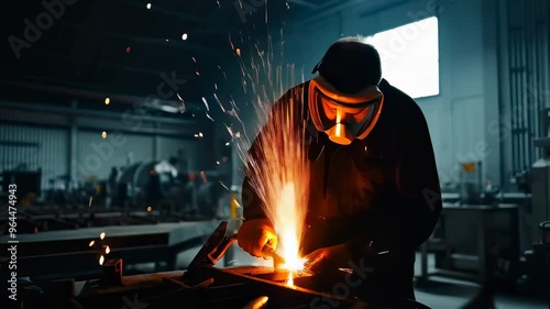 Man works circular saw. Sparks fly from hot metal. Man hard worked over the steel.