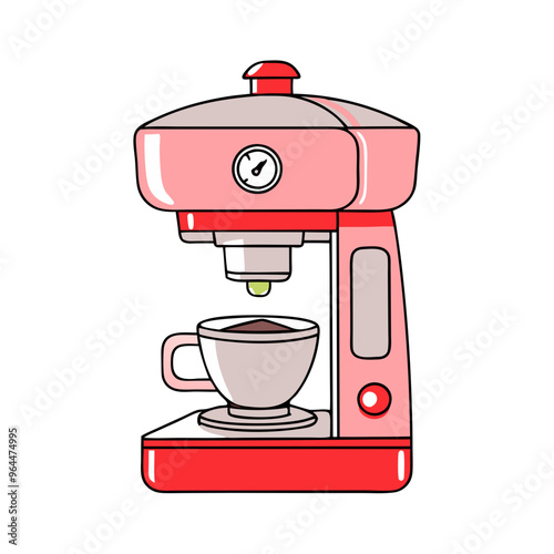 Coffee machine in illustration style, in pink and red tones, kitchen appliance