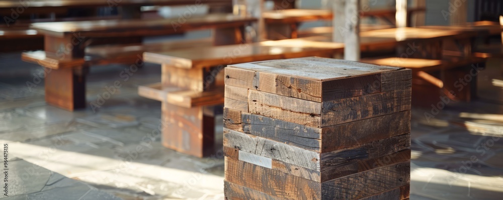 Rustic podium made from reclaimed barn wood, highlighted by natural lighting. Rustic podium made from reclaimed barn wood, highlighted by natural lighting.