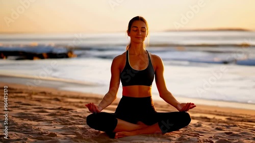 Fit young woman sitting with her eyes closed and meditating during a yoga session by the ocean in the early morning. sitting in lotus position