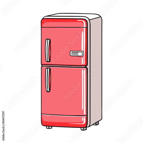 Refrigerator in illustration style, in red and white tones, household appliance