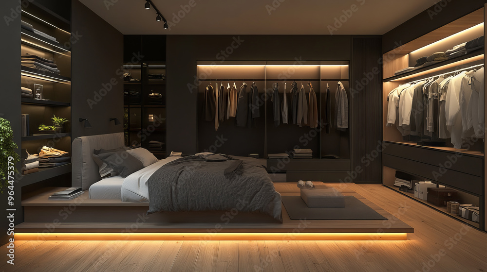 A modern bedroom design with separate areas for relaxing and getting dressed. It's a 3D illustration showing how the room would look in real life.