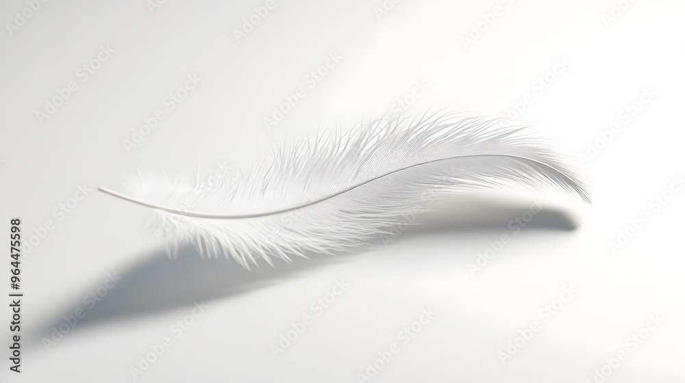 Fototapeta premium CG Floating Feather: A delicate, CG-rendered feather floating gracefully on a white background, casting a soft shadow.