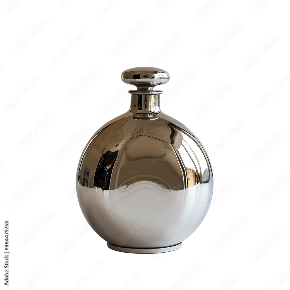 Elegant reflective metal perfume bottle with a round design, perfect for showcasing luxury fragrances and modern design aesthetics. Elegant reflective metal perfume bottle with a round design, perfect for showcasing luxury fragrances and modern design aesthetics.