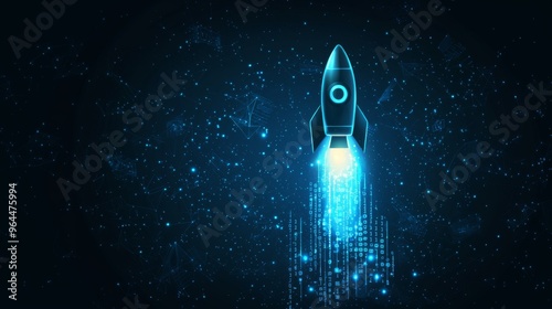 A futuristic rocket launches through a starry cosmos, illuminated by glowing particles and digital waves. photo