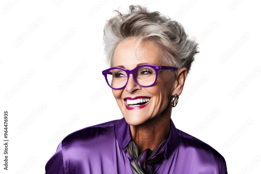 Fototapeta premium Middle-aged woman with playful smile, wearing heart-shaped glasses, isolated on white background.