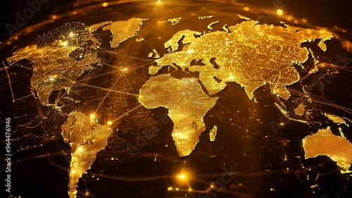 Close-up of a gold world map with highlighted global network routes, global network and technology concept. Ai Footage.