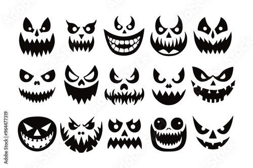 "Scary and Funny Halloween Pumpkin and Ghost Faces" vector illustration adds a spooky yet playful touch to Halloween projects, perfect for decorations and party invites.
