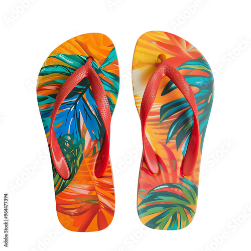 Colorful tropical print flip-flops with red straps, perfect for summer vacations, beach outings, and casual wear.