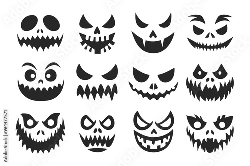 "Scary and Funny Halloween Pumpkin and Ghost Faces" vector illustration adds a spooky yet playful touch to Halloween projects, perfect for decorations and party invites.