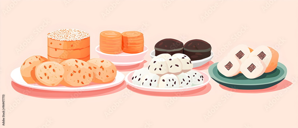 A flat illustration of traditional Chuseok foods, featuring songpyeon rice cakes filled with sesame seeds, beans, and chestnuts, alongside various jeon pancakes. Soft pastel colors and clean shapes A flat illustration of traditional Chuseok foods, featuring songpyeon rice cakes filled with sesame seeds, beans, and chestnuts, alongside various jeon pancakes. Soft pastel colors and clean shapes