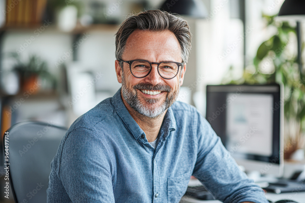 A man wearing glasses and a blue shirt is smiling at the camera A man wearing glasses and a blue shirt is smiling at the camera