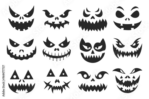 "Scary and Funny Halloween Pumpkin and Ghost Faces" vector illustration adds a spooky yet playful touch to Halloween projects, perfect for decorations and party invites.