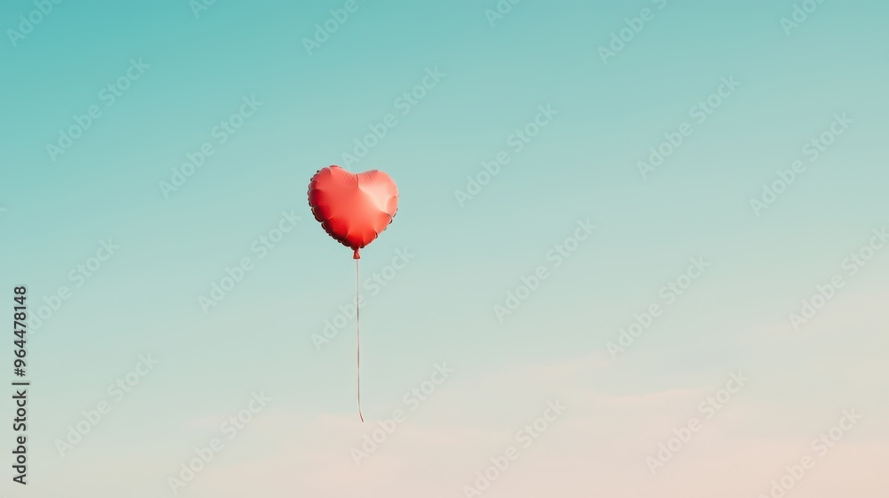 Fototapeta premium Red Heart-Shaped Balloon Floating in Clear Blue Sky on a Sunny Day