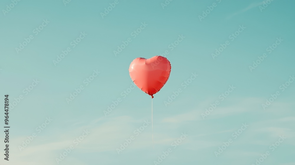 Red Heart-Shaped Balloon Floating in Clear Blue Sky - Symbol of Love, Freedom, and Happiness Red Heart-Shaped Balloon Floating in Clear Blue Sky - Symbol of Love, Freedom, and Happiness