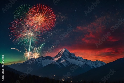 Vibrant fireworks illuminate the night sky over majestic mountains, creating a stunning celebration of color against a backdrop of natural beauty.