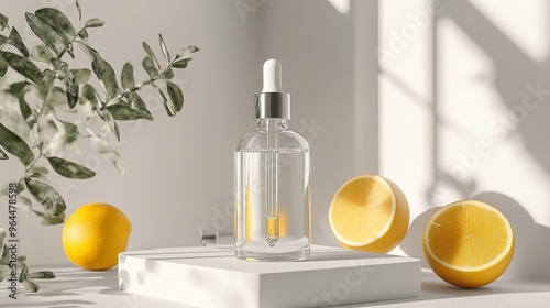 A clear glass bottle with a dropper, filled with Vitamin C serum, sits on a white platform. This serum is designed to help fight aging, protect skin, and promote a healthy glow.