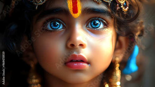 A close-up portrait of a child with expressive eyes, adorned with traditional jewelry.