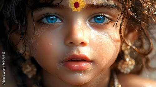 A close-up portrait of a child with striking blue eyes and decorative elements.