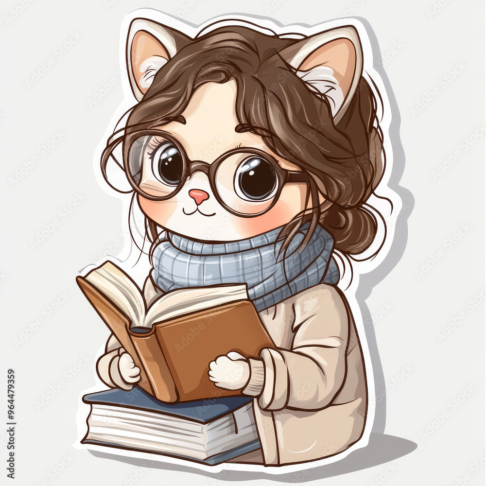 A cute cartoon cat wearing glasses and holding a book, giving a scholarly vibe
