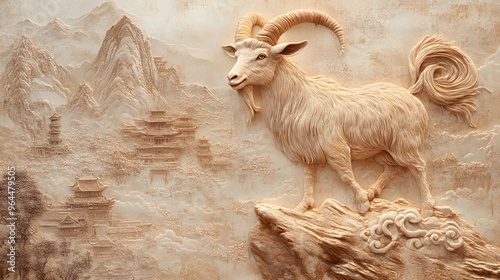 Chinese Zodiac Goat in Gentle Earth Tones: A serene goat, depicted in gentle earth tones, standing on a mountain with traditional Chinese landscape elements.

