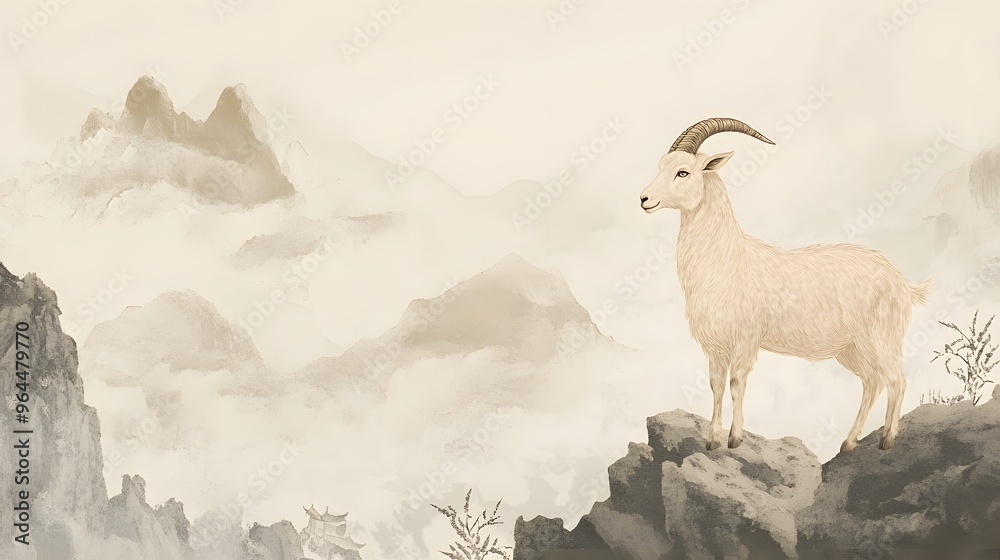 Fototapeta premium Chinese Zodiac Goat in Gentle Earth Tones: A serene goat, depicted in gentle earth tones, standing on a mountain with traditional Chinese landscape elements. 