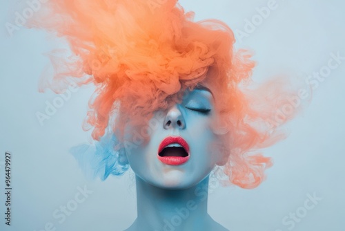 Surreal Portrait of a Woman with Colorful Smoke Swirling Around Her Face in a Studio Setting