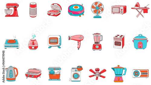 Set of household appliances in illustration style, in blue, red, and pink tones