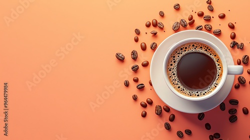 A vibrant coffee cup surrounded by coffee beans, creating a warm and inviting atmosphere perfect for coffee lovers.