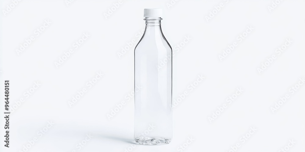 A transparent plastic bottle with a screw cap, filled with liquid, set on a seamless white background A transparent plastic bottle with a screw cap, filled with liquid, set on a seamless white background