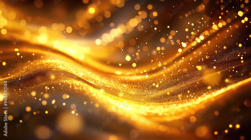 A luxurious background with swirling golden light effects and soft, out-of-focus bokeh orbs creating depth.