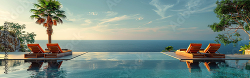 Luxury Infinity Pool Overlooking Ocean with Palm Trees and Lounge Chairs at Sunset photo