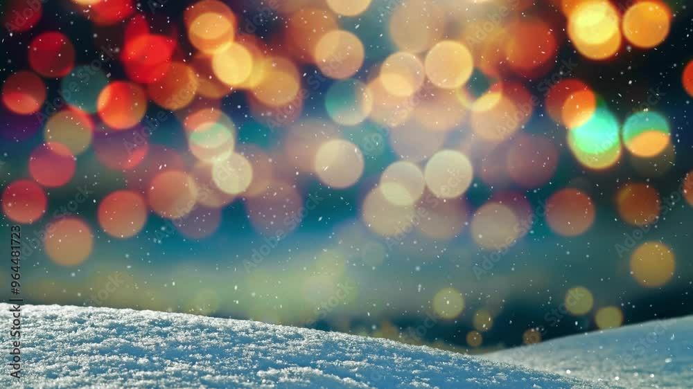 Christmas bokeh lights background, seamless snowing loop.