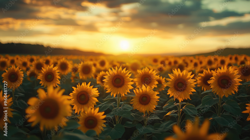 Obraz premium field of yellow sunflowers, autumn landscape, seasonal background, harvest, agriculture, flowers, fall, plants, nature, september, october, horizontal illustration, seeds, bloom, petals, growth