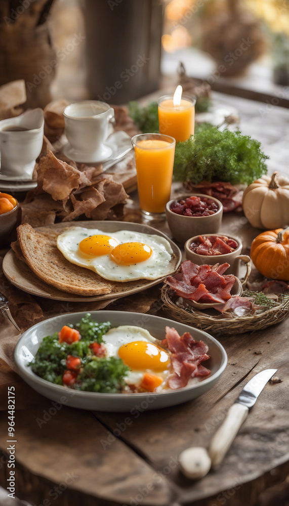 A rustic breakfast table setting featuring two plates with sunny-side-up eggs, bacon, and greens, accompanied by toast, a glass of orange juice, lit candles, and autumnal decorations including pumpkin A rustic breakfast table setting featuring two plates with sunny-side-up eggs, bacon, and greens, accompanied by toast, a glass of orange juice, lit candles, and autumnal decorations including pumpkin