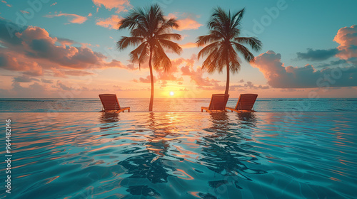 Exotic Sunset with Palm Trees and Beach Chairs by Tropical Infinity Pool