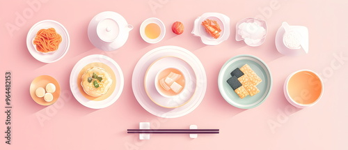 Flat vector art showing Chuseok foods like songpyeon and jeon neatly arranged on a traditional table setting. Muted pastel colors and soft shadows enhance the presentation photo