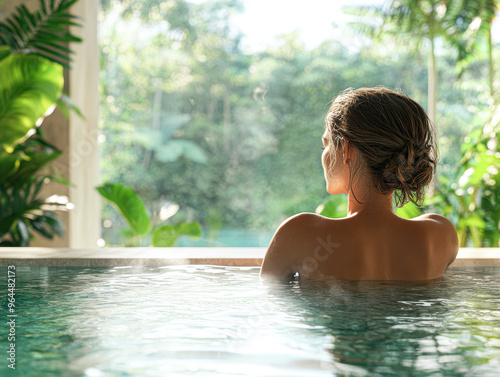 A woman is sitting in a hot tub with her hair up